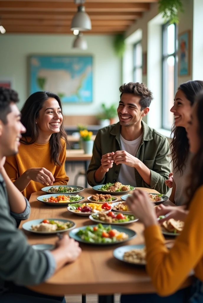 Create college students having healthy food together 