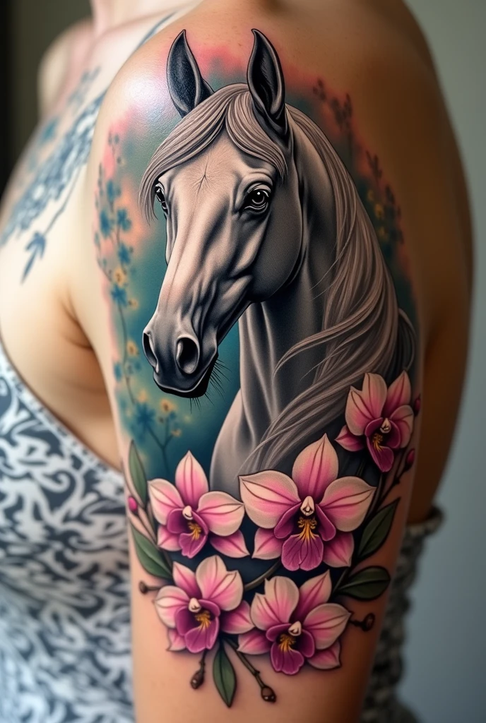 I want a unique and exclusive tattoo design, Let it be a horse with orchids and gardenias around it, 