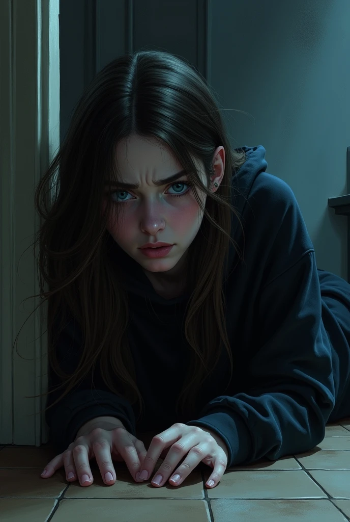 Realistic drawing of an 1 woman, long dark brown hair, blue eyes, with a big black sweatshirt, lying on the floor of her house leaning against the wall with a frightened expression, dark at night