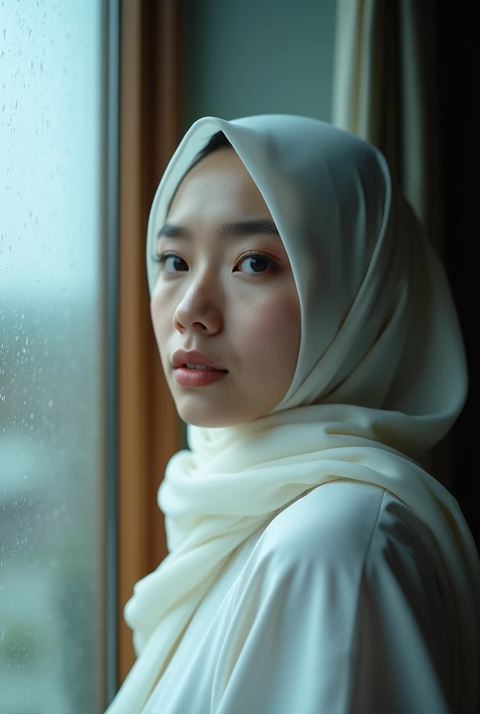 a Indonesian woman wearing a headscarf looking out a window, inspired by Elsa Bleda, unsplash contest winner, hurufiyya, pretty girl standing in the rain, white hijab, looking confused, lovely delicate face, malaysian, young woman's face, beautiful jewish woman, wet face