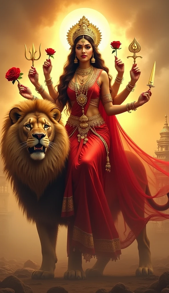 A powerfull  beautiful healthy  woman, wearing red fancy lehenga, long hair, golden jewellery, rose garlend in neck, sitting on a lion, full makeup, she have
8 hands 4-4 each side , 1 hand have flower, trisul, chakr, talvar, one is giving blesshings, both legs are in one side, golden firey background with big palace 