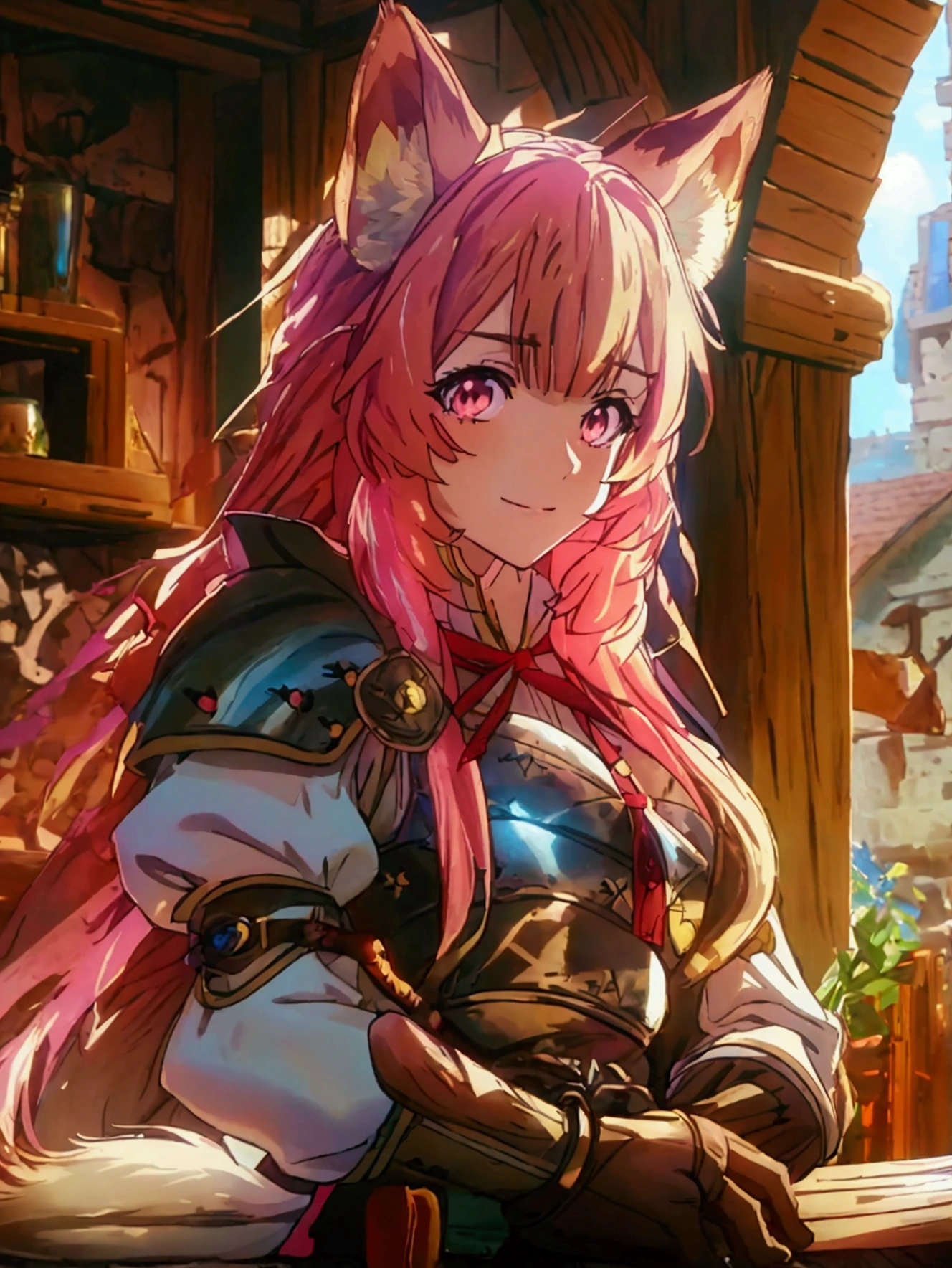 masterpiece, vibrant colours, hd, highres, absurdres, best quality, detailed, sharp, raphtalia, long hair, bangs, brown hair, animal ears, raccoon ears, raccoon tail, raccoon girl, pink eyes, smile, long sleeves, sweater, ribbed sweater, puffy sleeves, breastplate, red ribbon, gauntlets, glove, brown gloves, belt, skirt, armor, indoors, tavern, medieval, coffee, nature, looking at viewer, cowboy shot, dutch angle, dynamic pose,