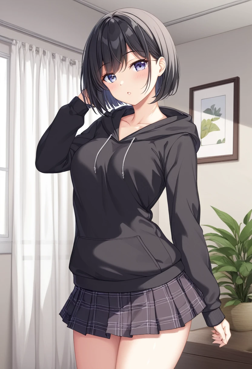 Background room、Black hoodie、Black Hair、Beautiful eyes、high resolution、Short skirt、Medium chest、Standing posture