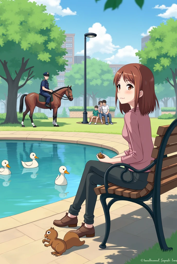 make a woman sitting on a bench, in front of you there is a squirrel with a nut in its hand, behind this woman there is something with ducks, There are children playing, and a man and a woman having a picnic, and there is a policeman riding a horse