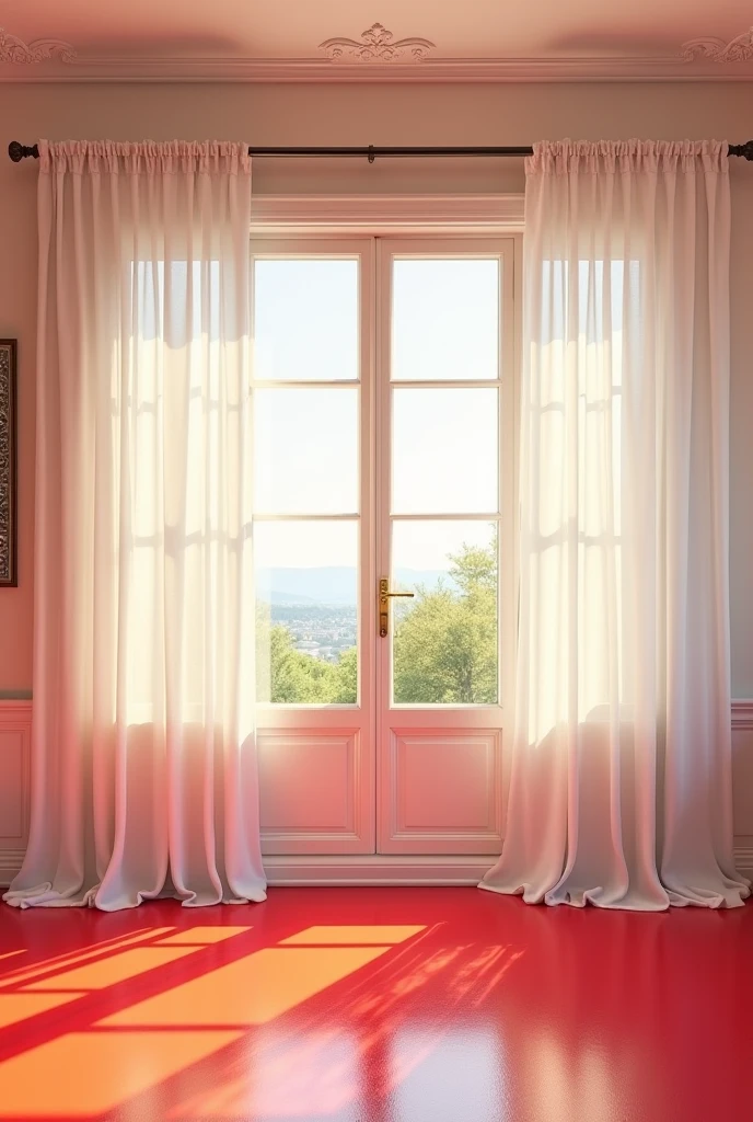 Room with red floor, windows with white curtains and white ceiling
. Add the best color that matches those wall colors other than white