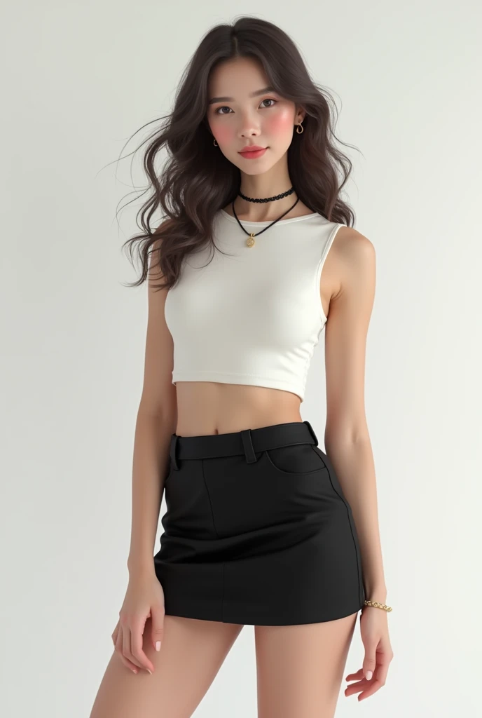 girl, white crop top, black skirt