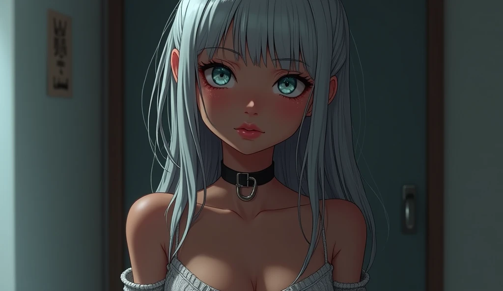 Young girl, Slim figure, skinny body, flat chest
Dark_skin, long silver_hair, blunt bangs, blue-yellow unique eyes,
Side boob
Turtleneck backless_sweater
Backless_sweater
Sweater_dress
Backless_dress
Sleeveless
Thighhighs
Nsfw
Collar around neck, chocking, eyes tearing up, blushing face
Vary camera