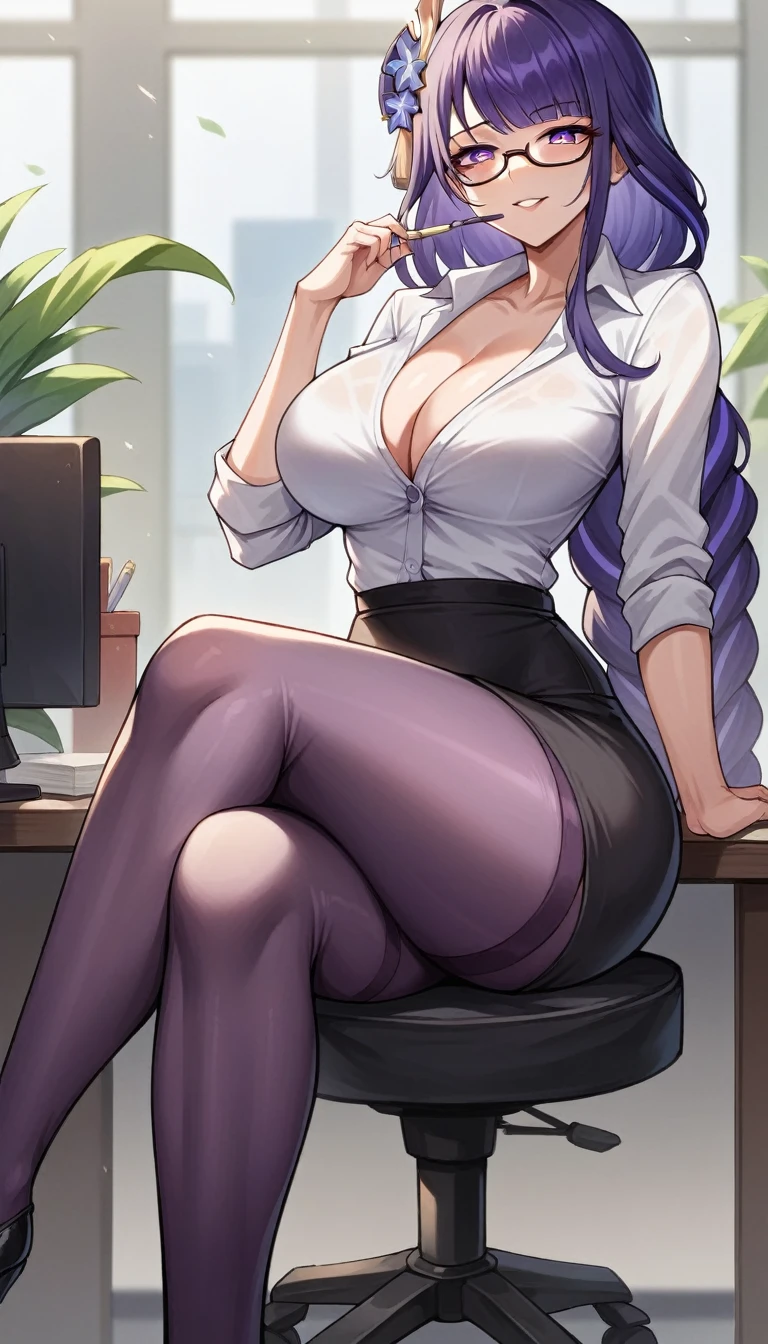 office, huge ass, Score_9, score_8_up, score_7_up, score_6_up, source_anime, rating:general, 1girl, beautiful woman, mature, beautiful body, curvy, white skin, front view, looking at viewer, excited, seductive look, seductive smile, sexy pose, legs crossed, slut, horny, pencil in mouth, 1 girl, raiden shogun \(genshin impact\), office lady clothes, purple thighshigh, glasses, 8k, high quality, wallpaper