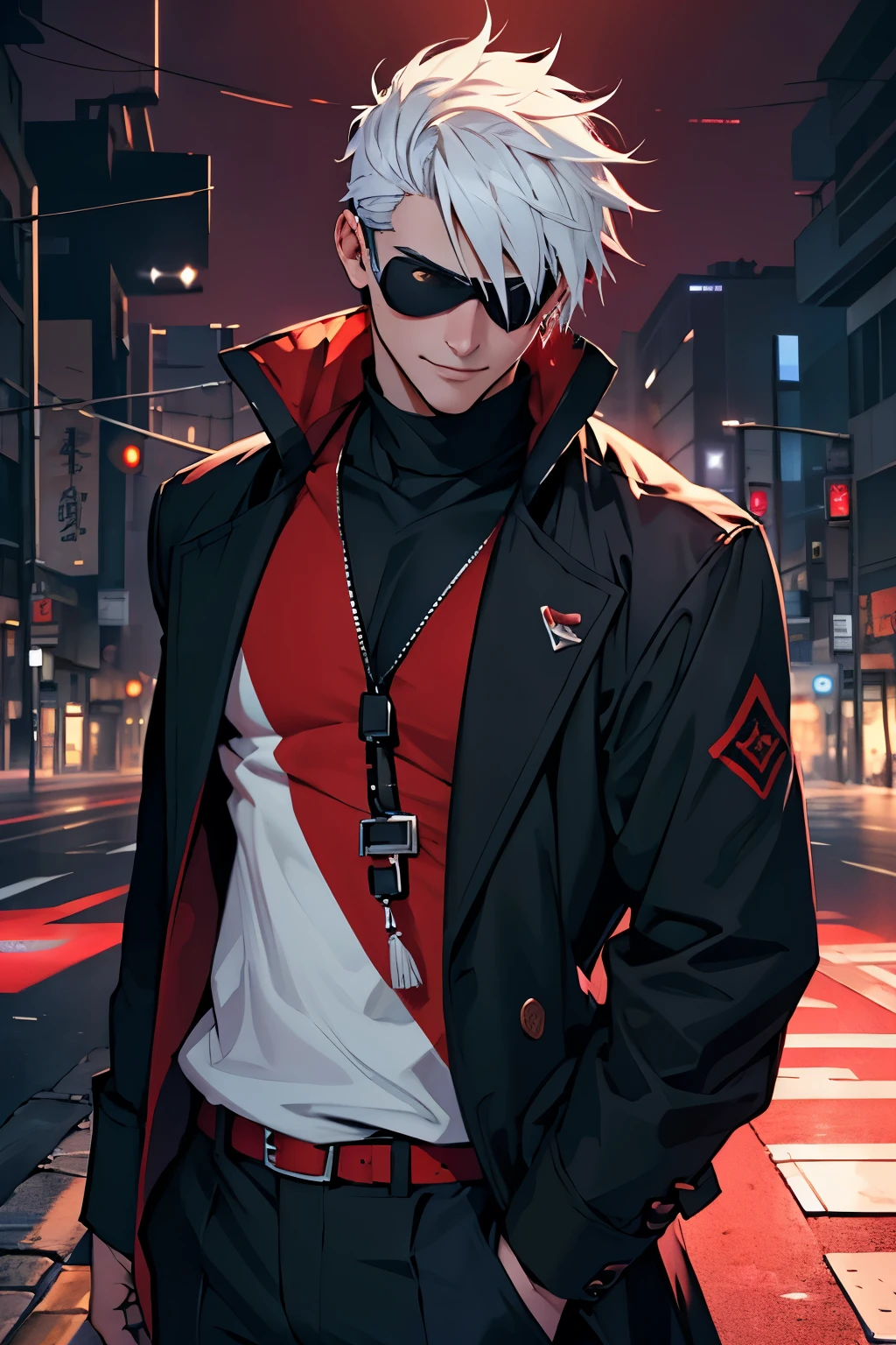 epic composition, city ​​street, Japan, deserted street, the night, flashing in the background, Red and blue color, (tmasterpiece, beste-Qualit: 1.2), male focus, 1boy, Gojo Satoru, round eyewear, Sunglasses, hands in pocket, blindfold, black jacket, (Masterpiece:1.3),(Best Quality:1.2),8K,absurdress,Unity 8K WallPapper,(Extremely detailed:1.3),supreme, hight resolution, Amazing, illustartion, Beautiful studio soft light, Stunningly beautiful, incredibly absurdres, Vivid details, Cinematic lighting, moody lighting, pixiv, Award-winning, Professional, Highly detailed, Gojo1, inform, looking a viewer, Smile, Short hair, 1boy, Standing, jacket, white colored hair, male focus,spiked hair, facing viewer, (red background:1.1), high collar, blindfold, (Magic:1.3), (aura:1.3),