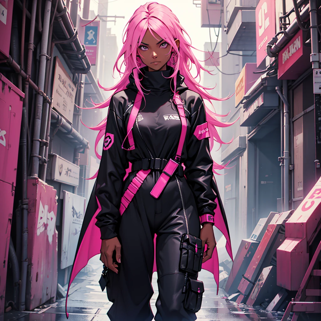 Woman with dark skin, straight hair, dark skin, wears a black jumpsuit with pink, wears a dark pink cape, Cyberpunk style
1 , Olhando para o espectador, Fundo simples,