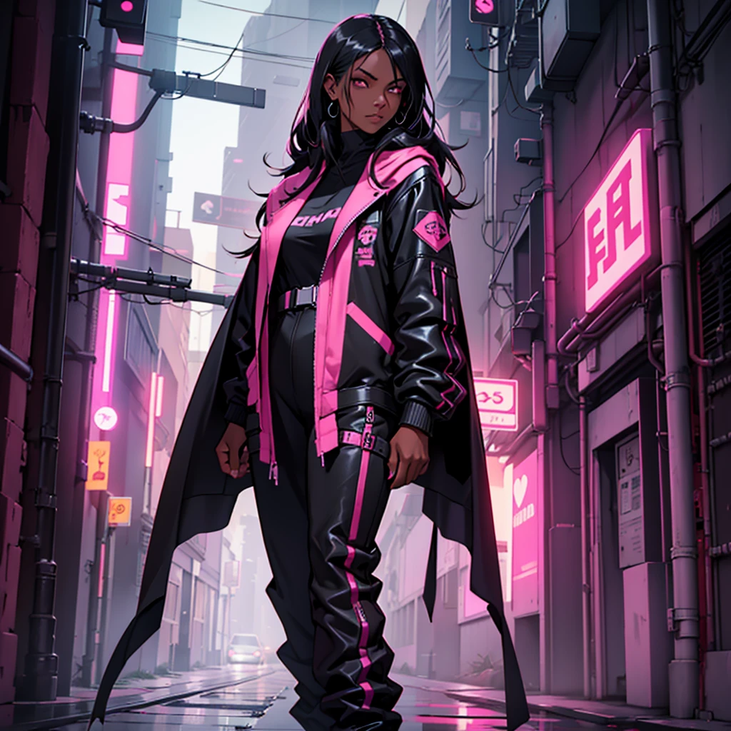 Woman with dark skin, straight hair, dark skin, wears a black jumpsuit with pink, wears a dark pink cape, Cyberpunk style
1 , Olhando para o espectador, Fundo simples,