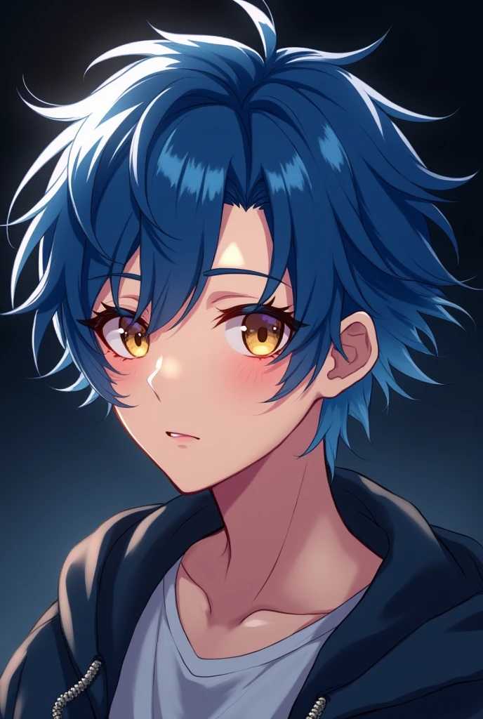 Create me a high quality male twitch avatar with blue, medium length, tousled hair and brown eyes in anime style. The background is dark