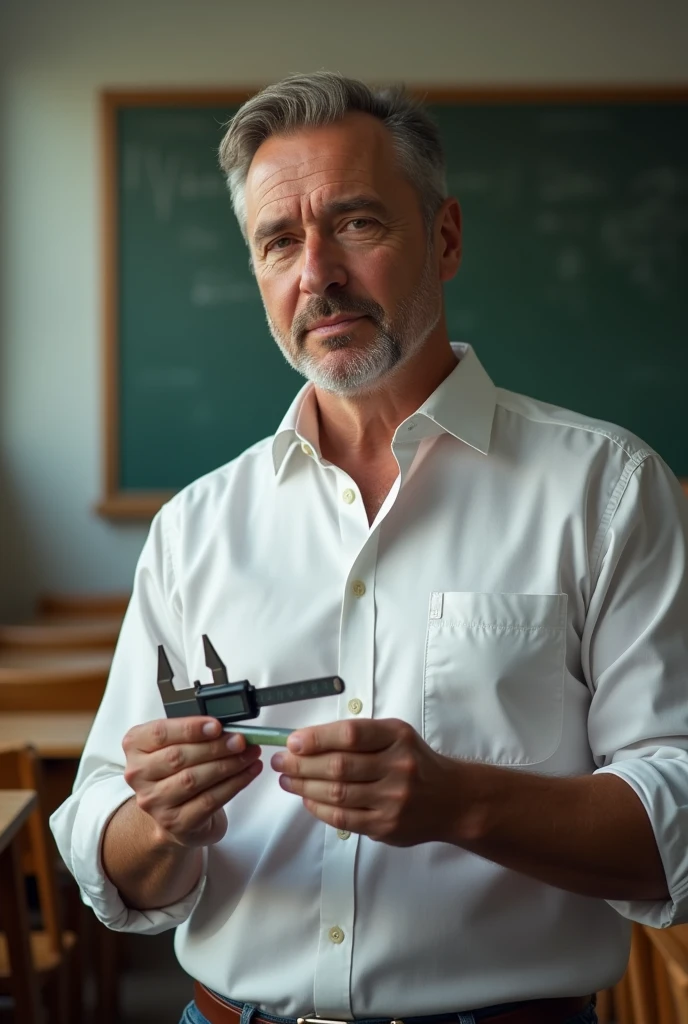Male teacher with white buttoned shirt and vernier caliper