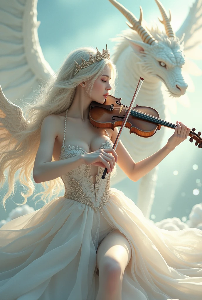 Woman with soft and unreal angelic anime face. She has a very long dress, exposing one of her legs, with very long sleeves and a large dress, with many details such as an angel dress, which has 4 wings, with an hourglass body, large bust and large butt sexy and daring. With a not so big angelic crown and plays the violin. At some distance from her (behind) you can see a white dragon with 4 horns, its color white and beautiful in appearance. That I am in a kind of heaven, with aura and solitude, calm, with wavy, long and silky hair.