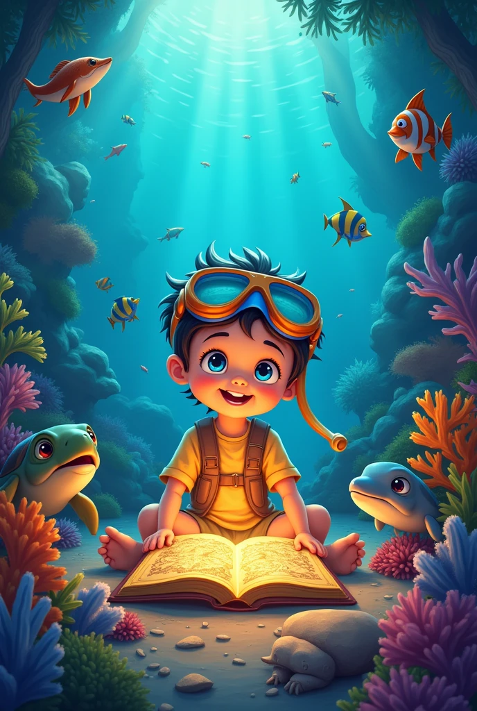 A image of deep ocean where turtule and differenttypes of fish एक बच्चा और समुद्री जीवों (डॉल्फिन, कछुआ, समुद्री घोड़ा) के साथ हंसते और ??? have mask on his faceसमुद्री जीवों के चारों ओर बैठा हुआ बच्चा, जो एक अजीब और चमकदार समुद्री किताब या खजाने की मानचित्र को देख रहा है।