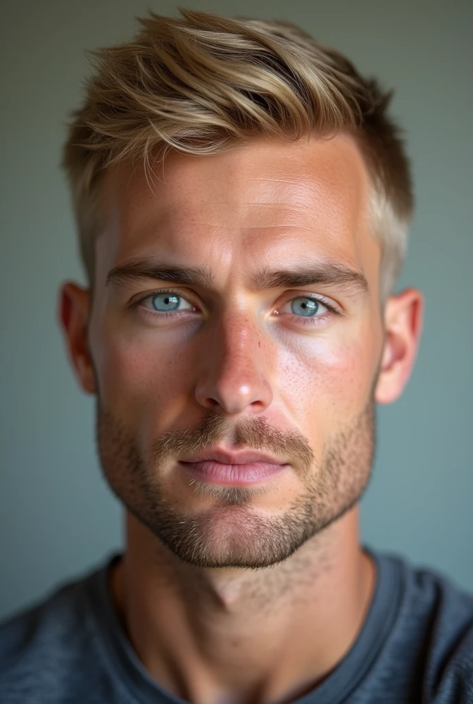 (photorealism:1.2), Father with blond, shaved hair , Without beard, blue eyes, pinkish white skin, 3
