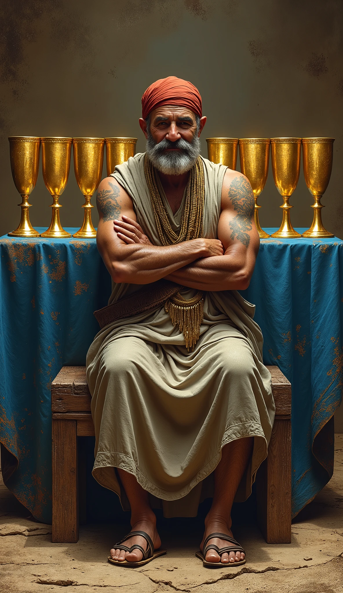 In the context of a barbaric Sumer, land of sorcery and formidable warriors, The image shows The card shows a middle-aged man, sitting on a wooden bench with his arms crossed and a satisfied expression on his face.Cups: Behind the man, There is a high table with nine golden goblets perfectly aligned. These cups symbolize abundance and the fulfillment of wishes..CLOTHES: The man is wearing an elegant robe and a red cap., symbolizing an active and vibrant mind.bottom: The table is covered with a blue cloth, which can represent emotional and spiritual stability. The image represents the 9 of cups of the traditional tarot, but in the context of a land of Sumerian barbarians. It is important that it be hyperrealistic and that it comply with the aesthetics of Sumerian barbarians..