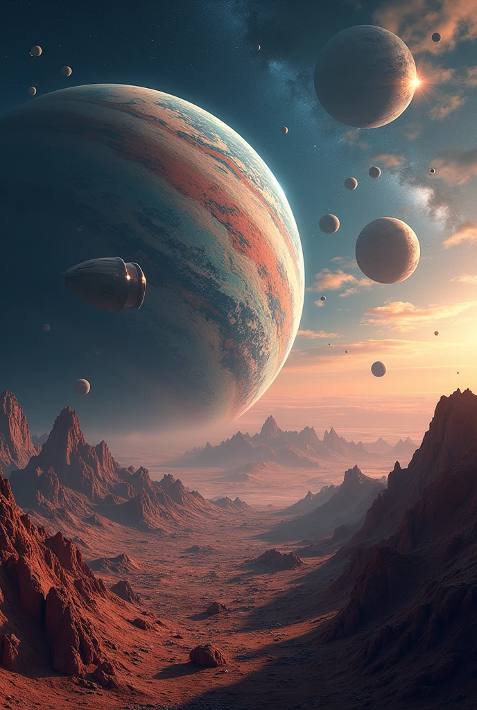 Photos of small and beautiful planets that have different planets around them and there is a ship or a rocket