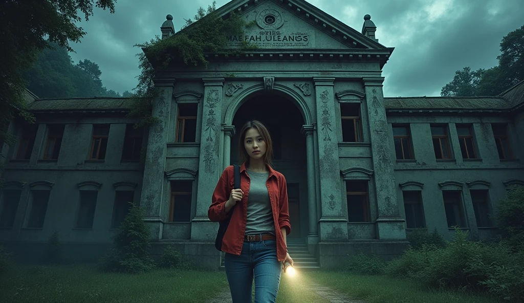 Create a mysterious and eerie cover for a story titled 'Shadows of Mae Fah Luang.' The scene should feature an old, abandoned university building partially covered in vines, with broken windows that seem to watch the viewer. In the foreground, a young woman (Maya) in her early twenties, with a determined yet anxious expression, is holding a flashlight and an ancient book. The atmosphere is dark and suspenseful, with shadows creeping along the walls and the faint outline of a hidden staircase leading underground visible behind her. The sky above is overcast, with swirling clouds adding to the tension. Include subtle ghostly whispers and symbols etched into the walls, hinting at the mystery within. The title should be prominently displayed at the top in a gothic-style font, with a subtitle below: 'An Untold Mystery of Mae Fah Luang.'" wearing red shirt jacket and blue jeans holding flashlight