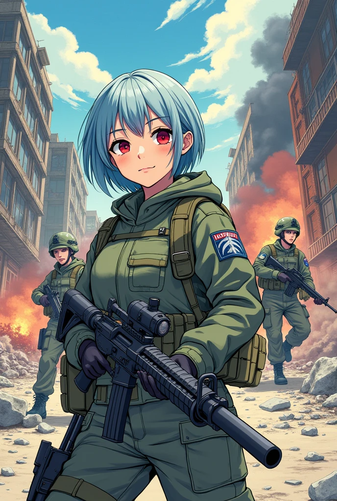 A modern day war scene in a manga with 4 pages or more, featuring a main character who is a female soldier, very cute but fierce at the same time, short blue hair with a light blue tint, red eyes, and other supporting characters who are soldiers.(The same lines as the story:Diary of a Dictator)
