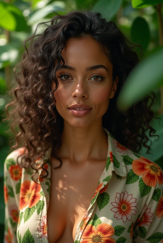 A Brazilian woman in a lush tropical garden, wearing an open shirt with a floral print, with a close-up capturing the harmonious beauty between her breasts and the natural flowers, showing off your natural charm and outgoing personality.