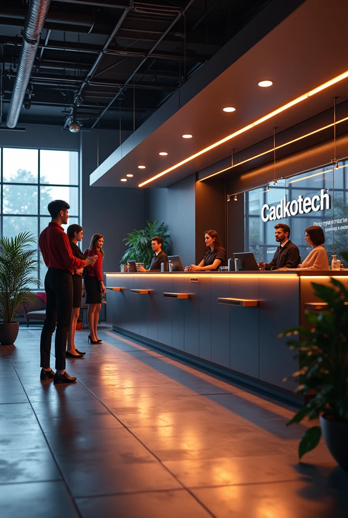 I want to create a new office design photo with the logo cadkotech with beautiful and sexy girls. We work in mechanics. We have 7 male members. Sexy girls will be the receptionists