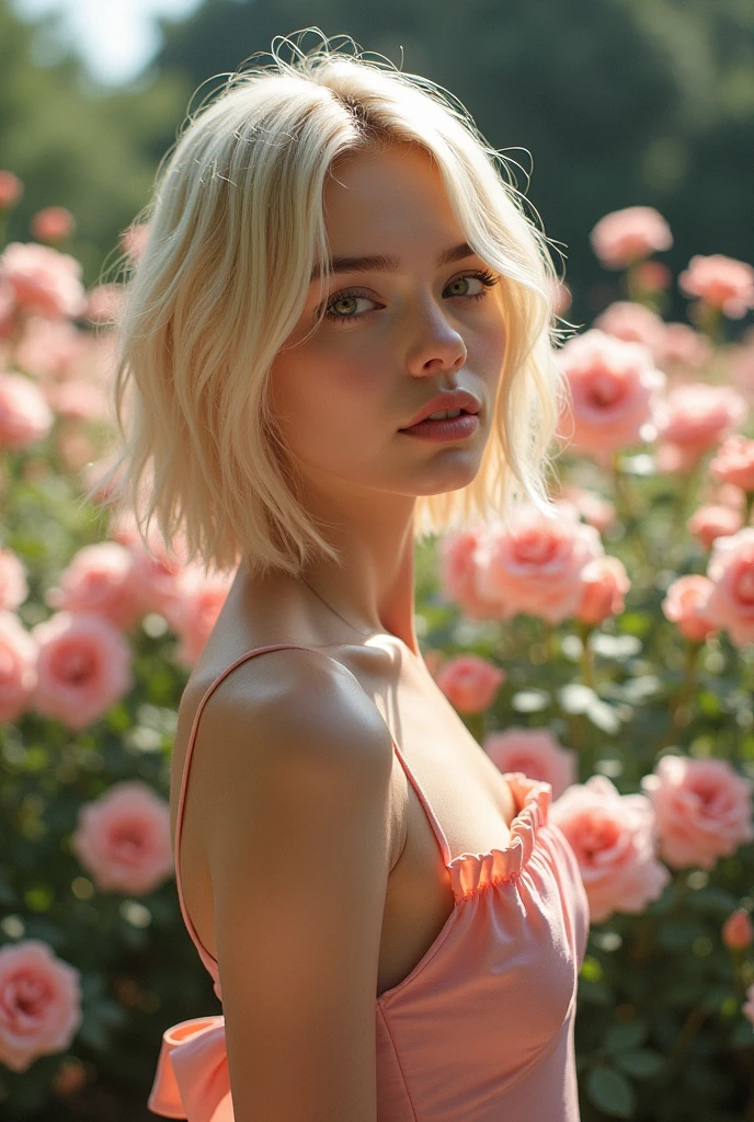 8 K, RAW photo, Fujifilm, stylish photo of a beautiful young woman dressed as Avril in a garden of light pink roses (very detailed skin: 1.2) Style-Petal BREAK короткие волосы, blonde hair with colored streaks, in a dress, film granulation, 35 mm, cute style