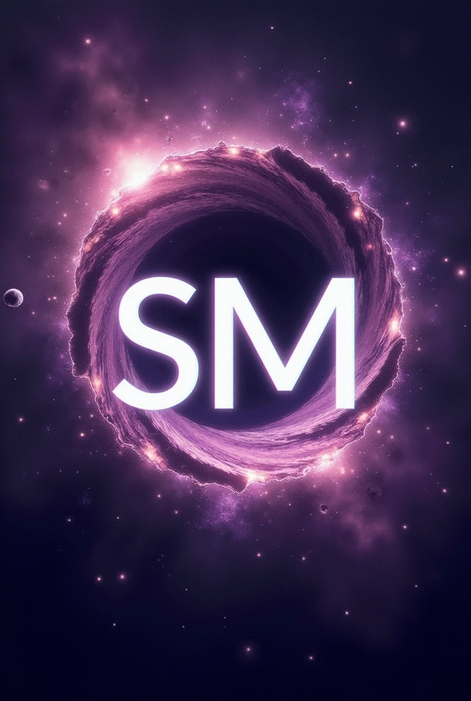 Make an image with an initial in the middle, this initial is SM, in the background I want it to look like a purple black hole and the letter of the initial is white and large and the initial is SM the initial is more centered the normal letter