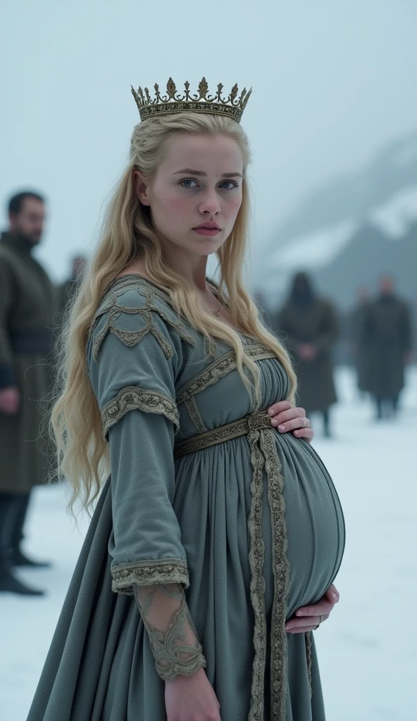 A 2 woman with blonde hair, golden strands, wearing a crown, wearing a Sansa Stark-style dress, with a worried expression on her face, looks at the camera. She was 5 months pregnant, her belly was covered, she was dressed without showing her bare belly. The scene was prepared in the concept of the series ((winter is coming)) (Game of Thrones). In the background, white walkers are seen walking towards the woman.
