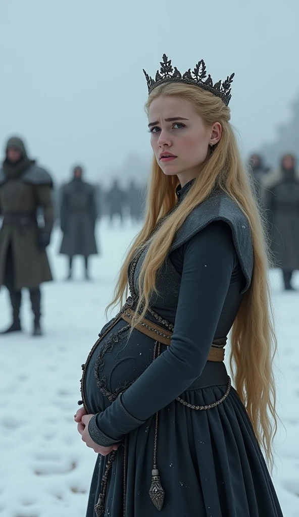 A 2 woman with blonde hair, golden strands, wearing a crown, wearing a Sansa Stark-style dress, with a worried expression on her face, looks at the camera. She was 5 months pregnant, her belly was covered, she was dressed without showing her bare belly. The scene was prepared in the concept of the series ((winter is coming)) (Game of Thrones). In the background, white walkers are seen walking towards the woman.