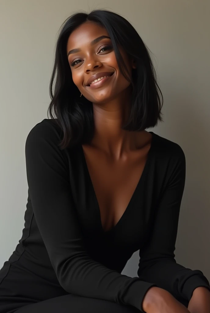 Black woman sitting smiling wearing black clothes straight hair