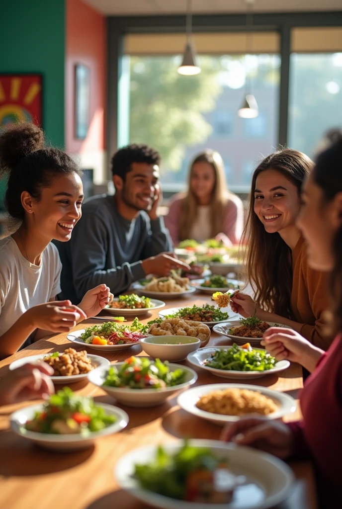 Create college students having healthy food together 