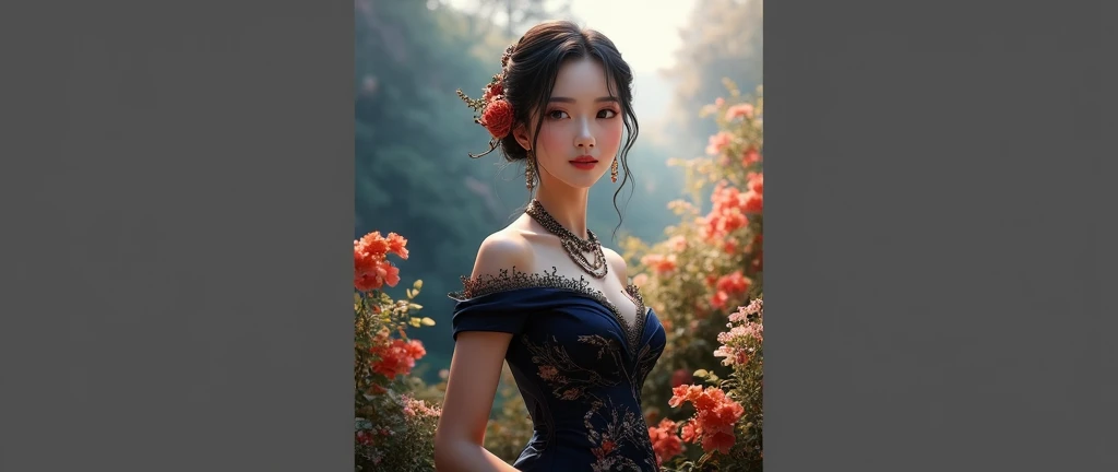 A beautiful girl with a clear forehead, high cheekbones, detailed facial features, long eyelashes, plump lips, porcelain skin, serene expression, elegant pose, delicate jewelry, detailed dress, fantasy garden background, warm lighting, vibrant colors, cinematic composition, digital art, intricate details, masterpiece, hyper-realistic, 8k, high resolution