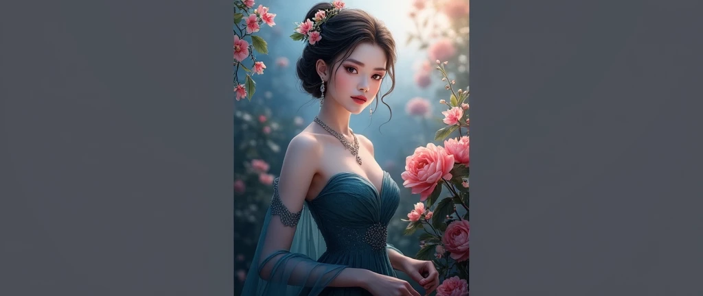 A beautiful girl with a clear forehead, high cheekbones, detailed facial features, long eyelashes, plump lips, porcelain skin, serene expression, elegant pose, delicate jewelry, detailed dress, fantasy garden background, warm lighting, vibrant colors, cinematic composition, digital art, intricate details, masterpiece, hyper-realistic, 8k, high resolution