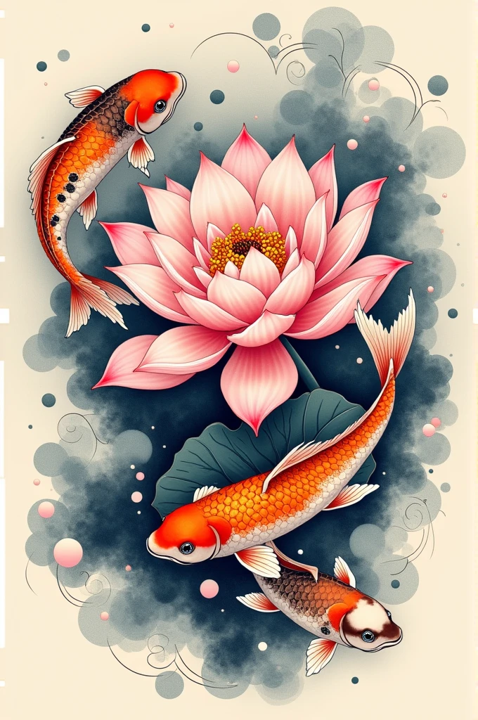 Get a Japanese style tattoo with a lotus flower in the center and some koi fish surrounding the flower and Japanese clouds in the background.