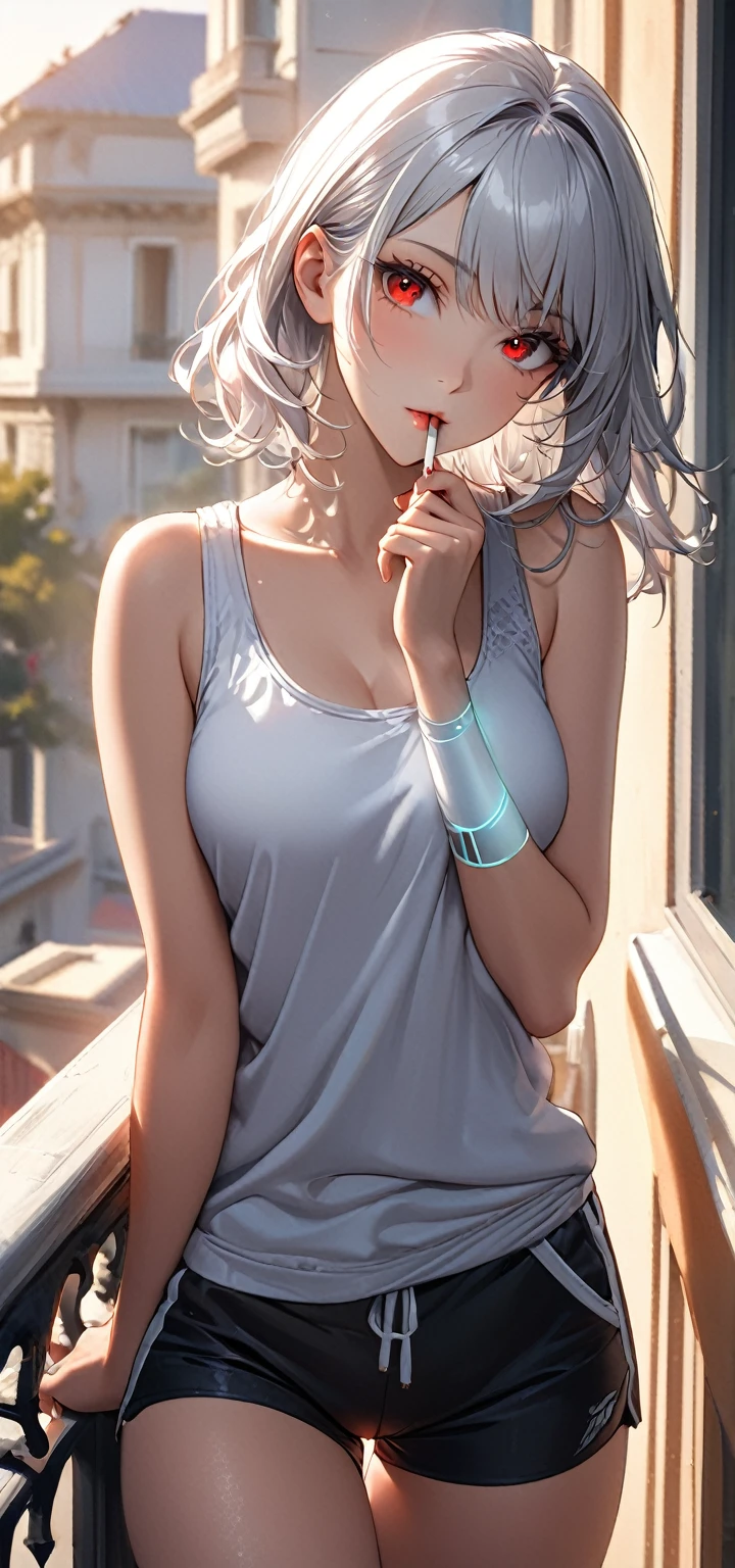 Ultra high resolution, rich colors, perfect image, top quality, detailed image, beautiful woman, glowing skin, skin and clothing texture, delicate eyes, morning, balcony, leaning on arm, cigarette, holding in mouth, tank top, shorts, long silver hair, red eyes