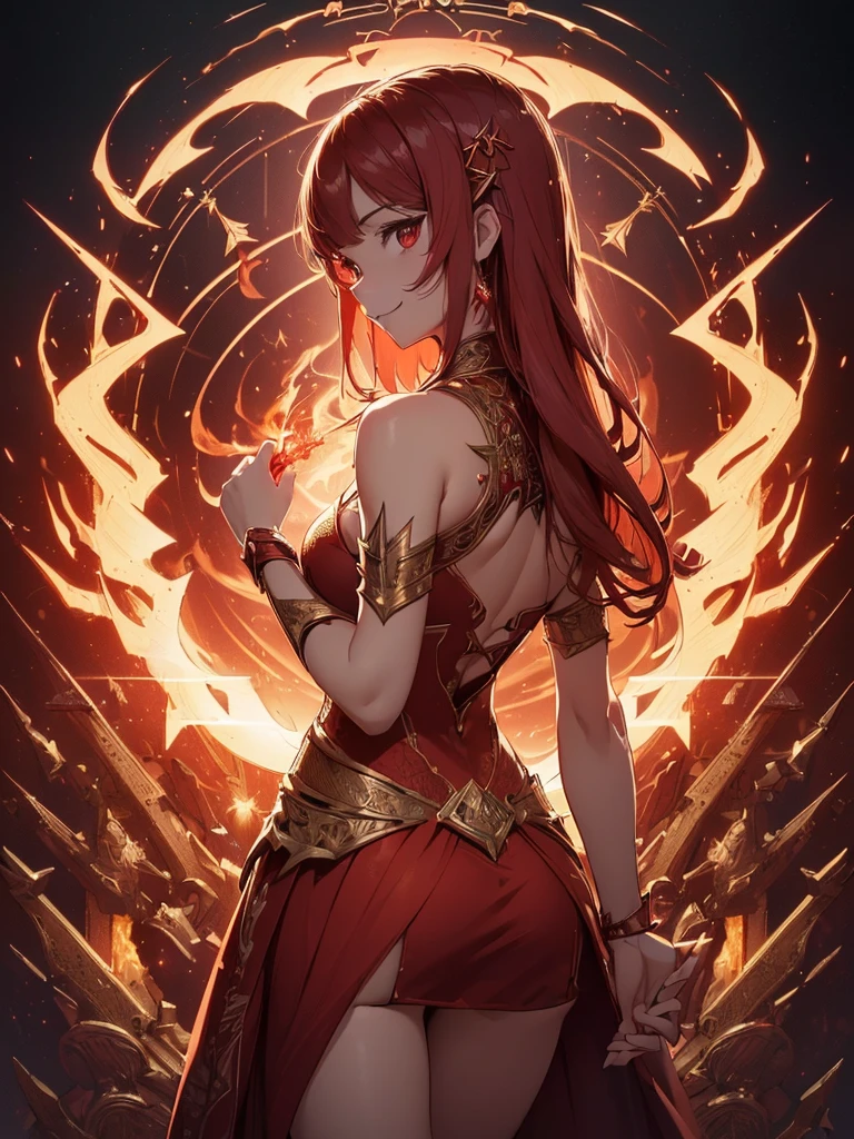 (((best quality, sharp image, clear image, cinematic lighting, 8k resolution, masterpiece, ultra detailed, intricate))) Girl, sorcerer, cute, intricate dress, smiling, fiery red, ((intricate background)), (rune frame), dimension, ((shot from behind)), fire sigils, chaotic background, ((half-body shot))