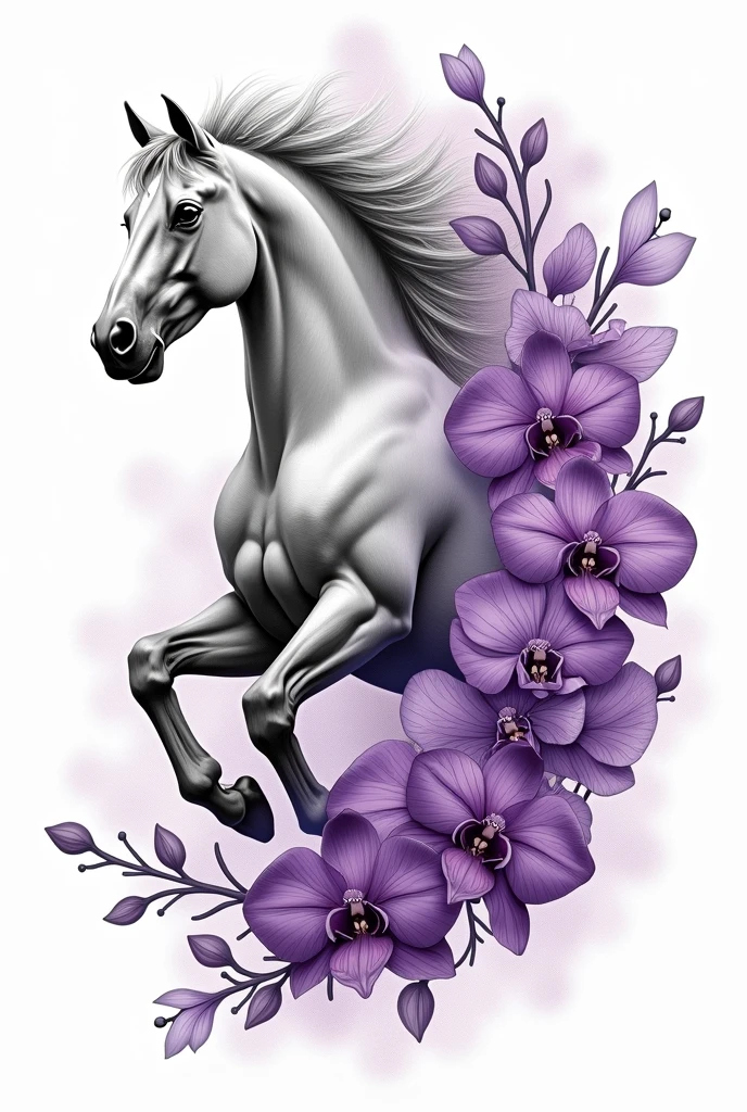I want a unique and exclusive tattoo design, Let it be a horse with orchids and gardenias around it, the color of the flowers being a violet color