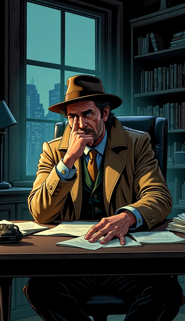 detective (The detective has brown hair and wears a brown hat and a beige trench coat.) The detective is sitting in a chair in an office with a thinking face. Do it in a classic 80's or 90's comic style.
