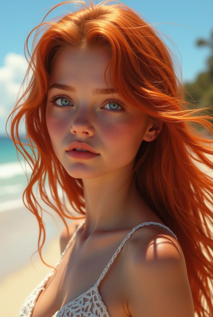 A beach girl, red and wavy hair, blue colored eyes, Caucasian skin, angelic and attractive appearance. May she have a youthful and angelic appearance, who appears to be a ager. Make her like a character from Outer Banks 