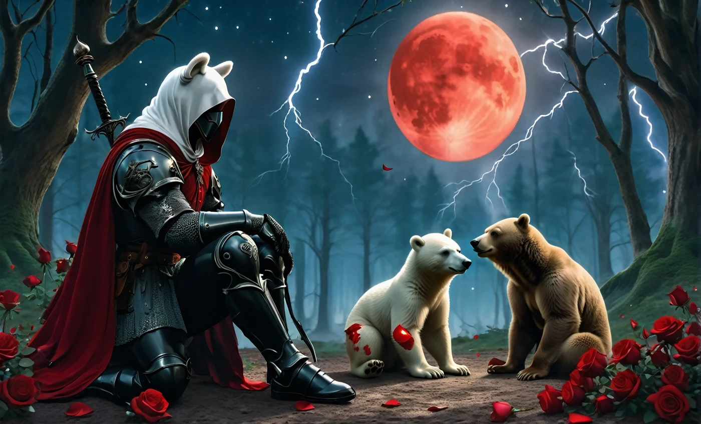Male knight with a white hood with polar bear ears and a sword behind his back sits cross-legged on the ground towards a baby polar bear and a baby brown bear in a forest while the moon shines, many Roses cover the ground and lightning falls from the sky. The baby polar bear plays with the baby brown bear while the knight enjoys watching them. Only the man wears a red blindfold. In the background of the picture is the blood moon and a tree has fallen down in the path. The forest is full of trees with leaves. The armor of the man is black and red roses decorate it. The sky is full of stars. The knight is thoughtfully touching his face.