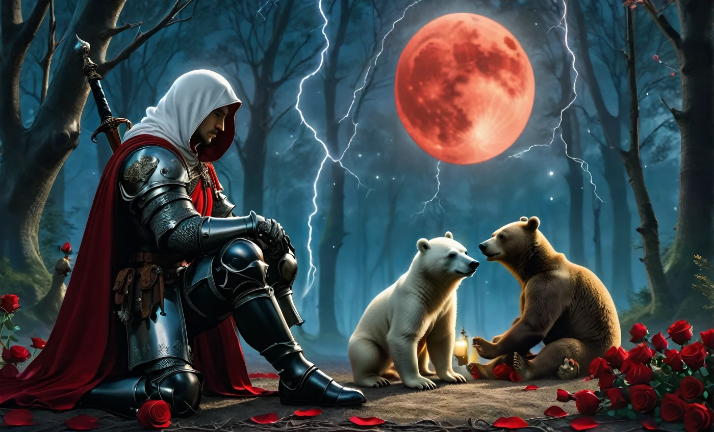 Male knight with a white hood with polar bear ears and a sword behind his back sits cross-legged on the ground towards a baby polar bear and a baby brown bear in a forest while the moon shines, many Roses cover the ground and lightning falls from the sky. The baby polar bear plays with the baby brown bear while the knight enjoys watching them. Only the man wears a red blindfold. In the background of the picture is the blood moon and a tree has fallen down in the path. The forest is full of trees with leaves. The armor of the man is black and red roses decorate it. The sky is full of stars. The knight is thoughtfully touching his face.