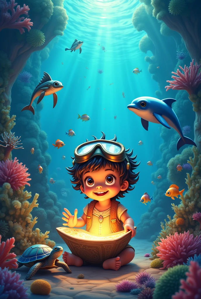 A image of deep ocean where turtule and differenttypes of fish एक बच्चा और समुद्री जीवों (डॉल्फिन, कछुआ, समुद्री घोड़ा) के साथ हंसते और ??? have mask on his faceसमुद्री जीवों के चारों ओर बैठा हुआ बच्चा, जो एक अजीब और चमकदार समुद्री किताब या खजाने की मानचित्र को देख रहा है।