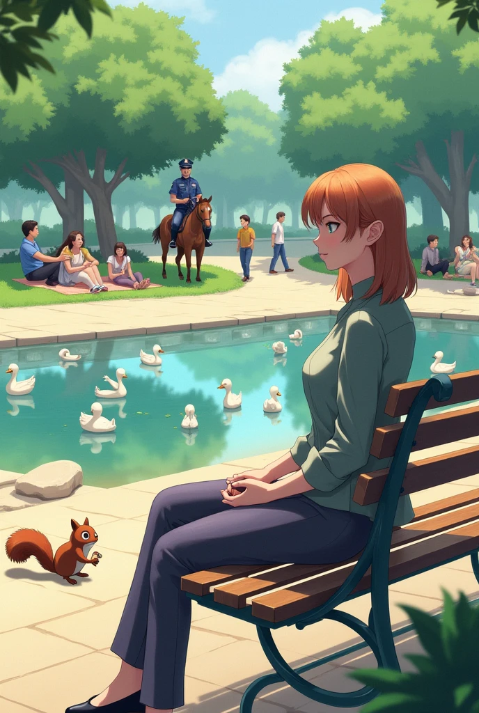 make a woman sitting on a bench, in front of you there is a squirrel with a nut in its hand, behind this woman there is something with ducks, There are children playing, and a man and a woman having a picnic, and there is a policeman riding a horse