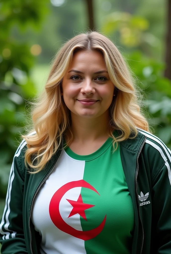 Close up, blonde, plump woman . Wearing an Adidas coat, a T-shirt with the Algerian flag half white and half green, green nature background