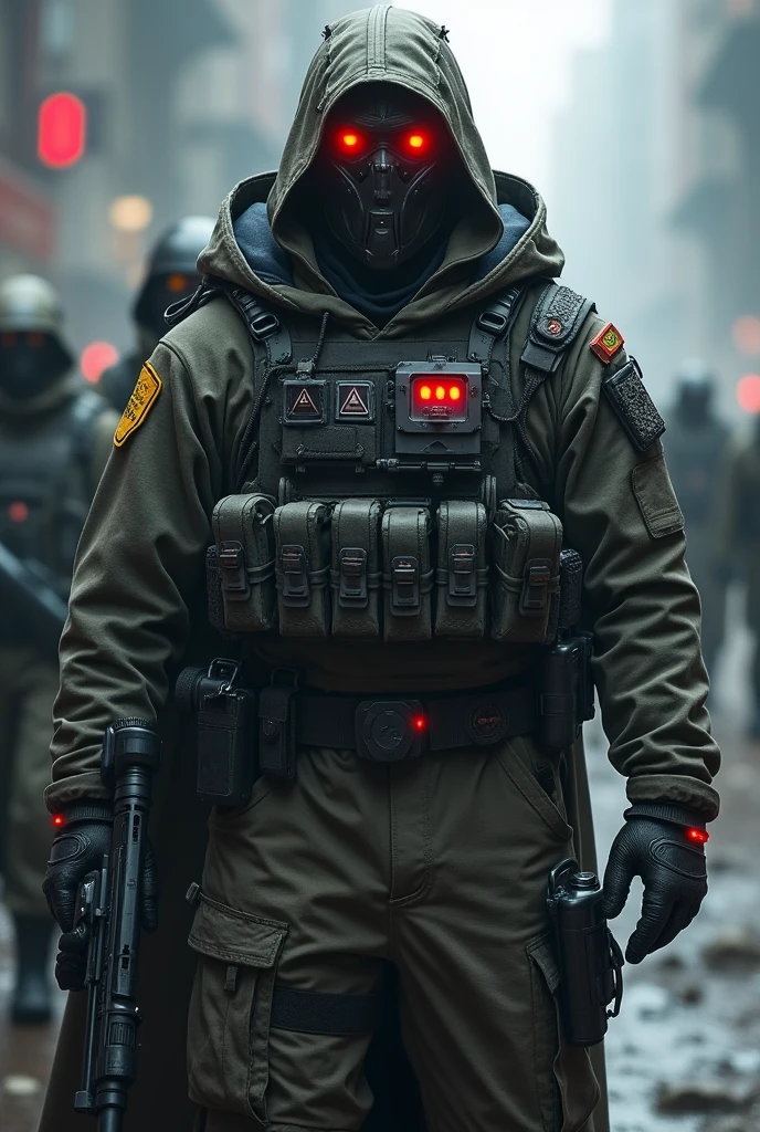 soldier modern, gilet tactique lourd ,full face mask , capuche large m, man 30 years old, commandant, yeux rouge brillant, full body view 