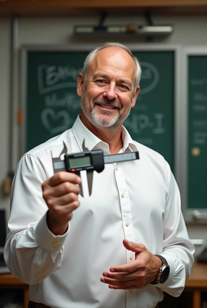Male teacher with white buttoned shirt and animated vernier caliper