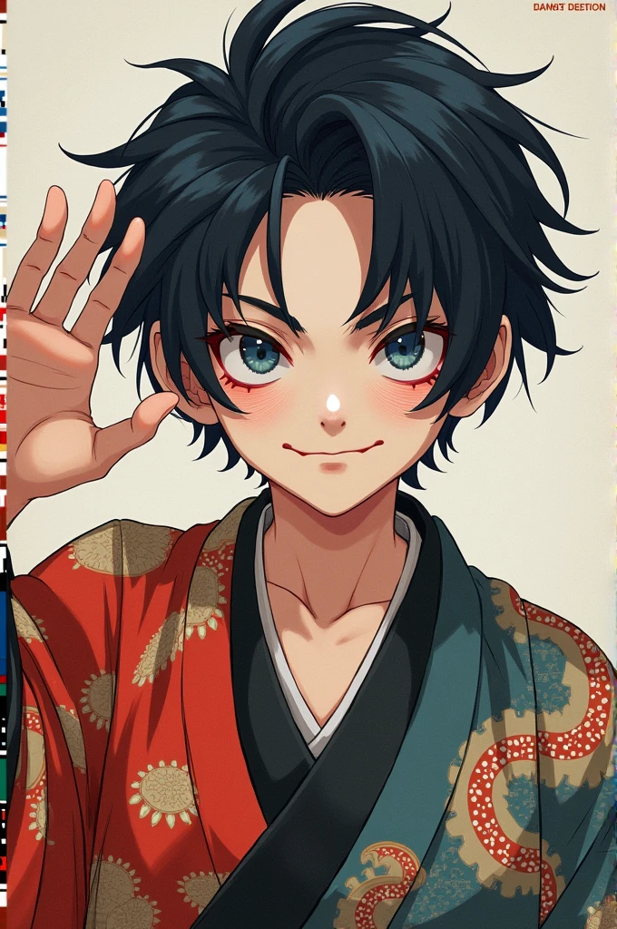 A  boy. Japanese, pale skin, dark hair and blue eyes with a traditional kimono and red eyeliner. Waving his hand with a smirk and a little attitude 