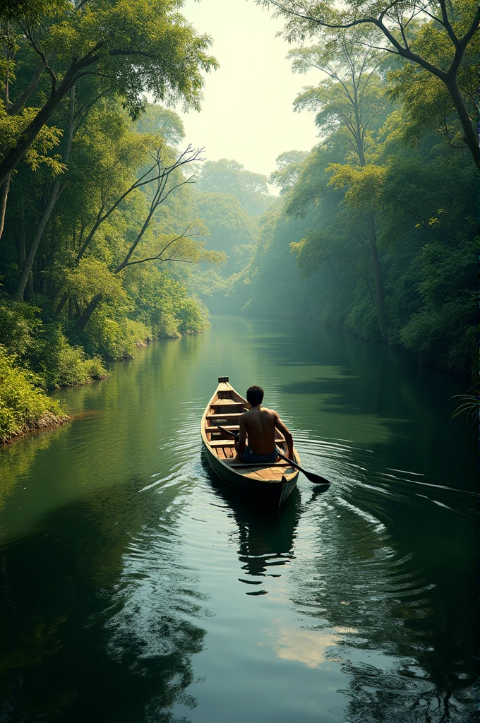 A canoe sailing down the Rio Negro in the Amazon