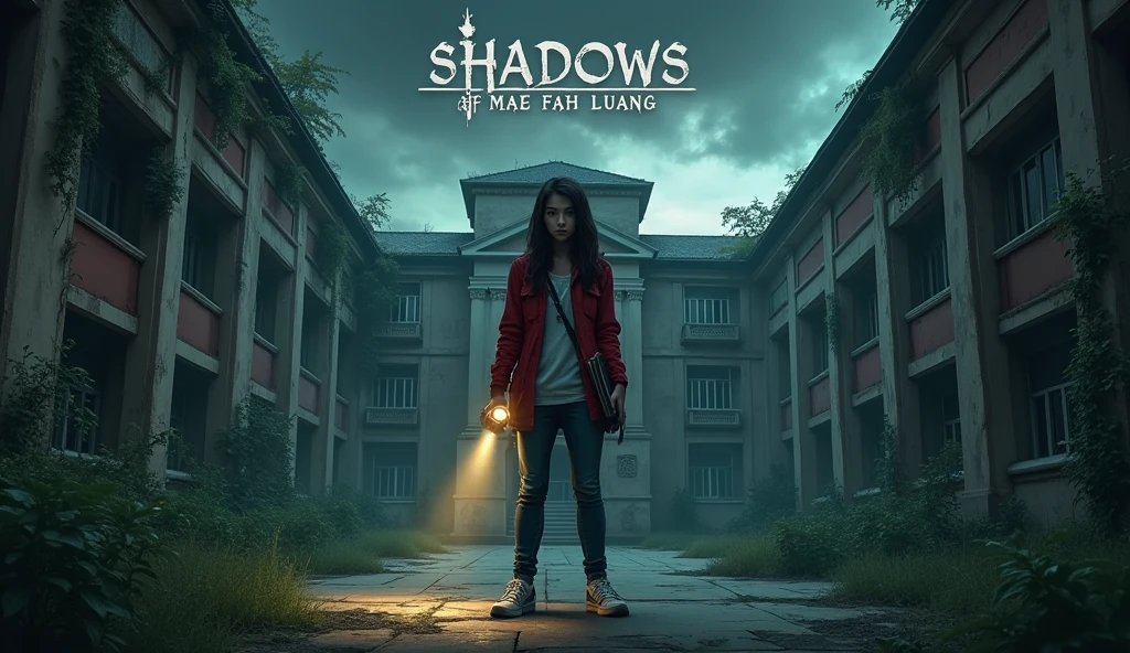 Create a mysterious and eerie cover for a story titled 'Shadows of Mae Fah Luang.' The scene should feature an old, abandoned university building partially covered in vines, with broken windows that seem to watch the viewer. In the foreground, a young woman (Maya) in her early twenties, with a determined yet anxious expression, is holding a flashlight and an ancient book. The atmosphere is dark and suspenseful, with shadows creeping along the walls and the faint outline of a hidden staircase leading underground visible behind her. The sky above is overcast, with swirling clouds adding to the tension. Include subtle ghostly whispers and symbols etched into the walls, hinting at the mystery within. The title should be prominently displayed at the top in a gothic-style font, with a subtitle below: 'An Untold Mystery of Mae Fah Luang.'" wearing red shirt jacket and blue jeans holding flashlight with long hair and beautiful